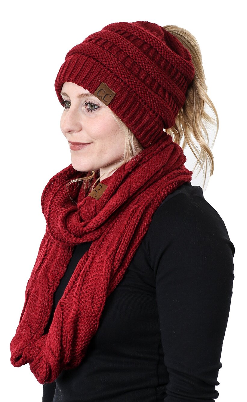 7877 Matching 2 Pack: Ponytail Beanie & Infinity Scarf, Burgundy